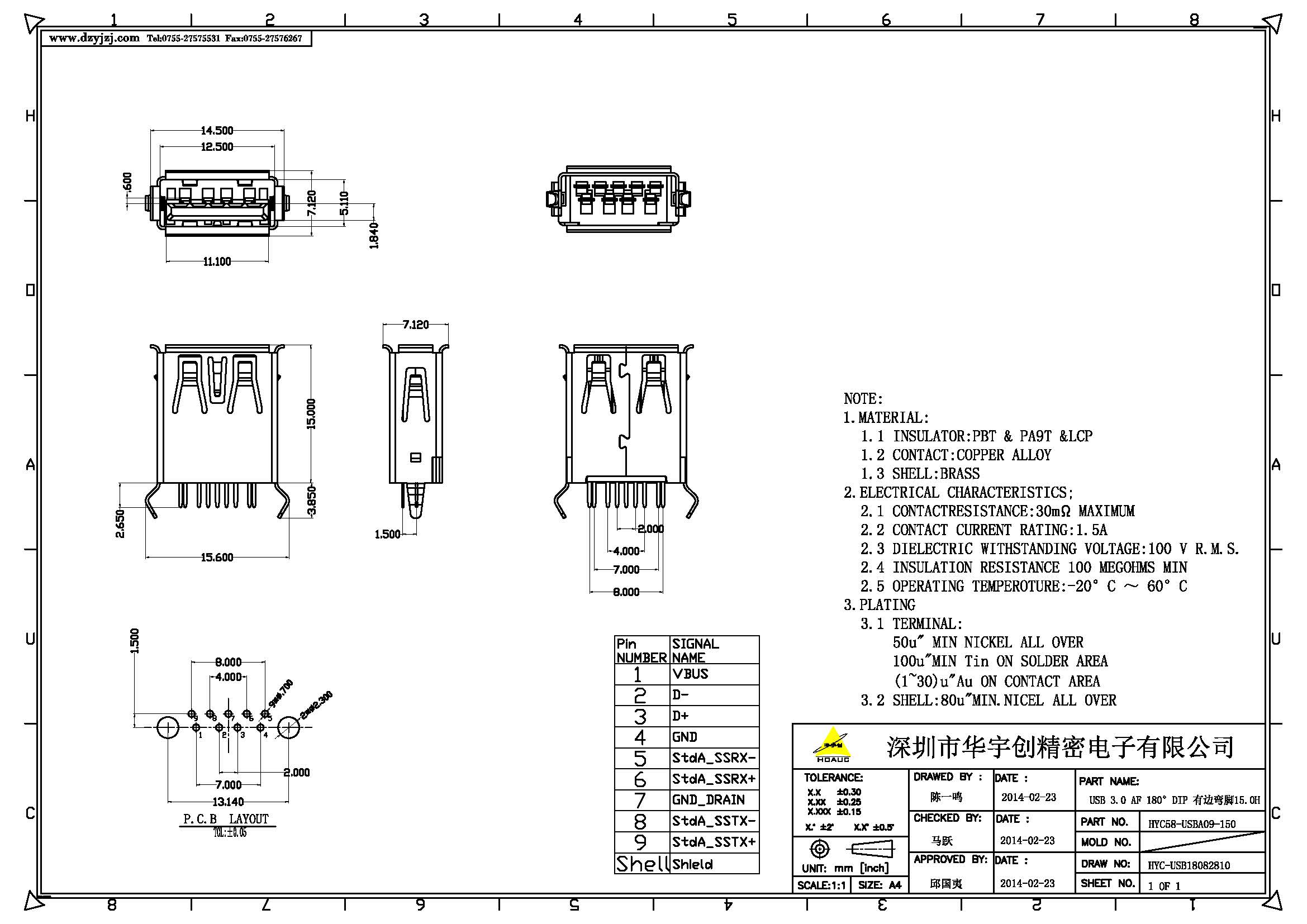 USB 3.0 AF 180°DIP 有卷邊彎腳 體長(zhǎng)15.0產(chǎn)品圖.jpg